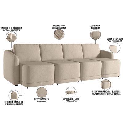 Sofá Cama para Sala de Estar 4 Lugares 316cm Montserrat K01 Linho Bege - Lyam Decor