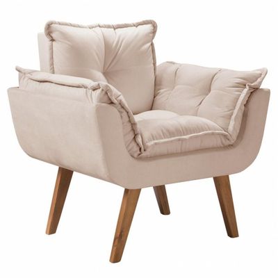 Combo 2 Poltronas Decorativas Perola Pés Madeira Suede Bege