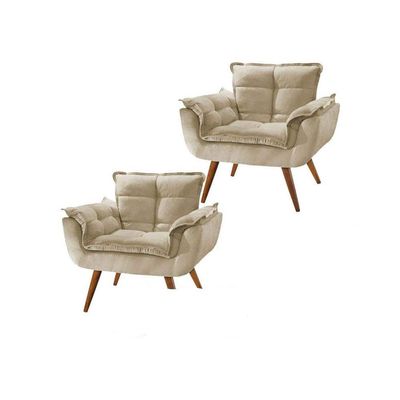 Combo 2 Poltronas Decorativas Perola Pés Madeira Suede Bege