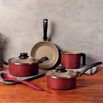 Panela Vermelha Alumínio Antiaderente Tampa de Vidro Starflon Max 16cm Tramontina Turim Cozinha Serv