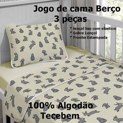 Jogo De Cama Tecebem Malha Berço Estampado Curiosidade 3 Peças Perola