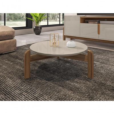 Mesa De Centro Circular Para Sala De Estar Luna Off-white-cedro