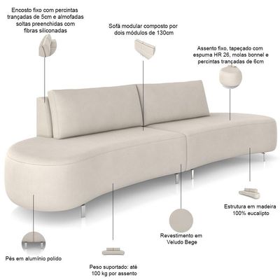 Sofá 4 Lugares Para Sala Living Orgânico Pés Metálicos 260cm Shui P08 Veludo Bege - Lyam Decor