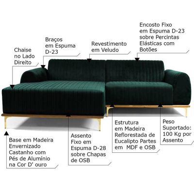 Sofá 4 Lugares com Chaise Base de Madeira Euro 265 Cm Verde