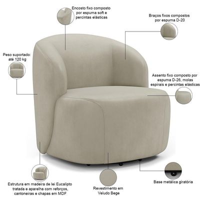 Poltrona Giratória Orgânica Para Sala Living Heidy F04 Veludo Bege - Lyam Decor