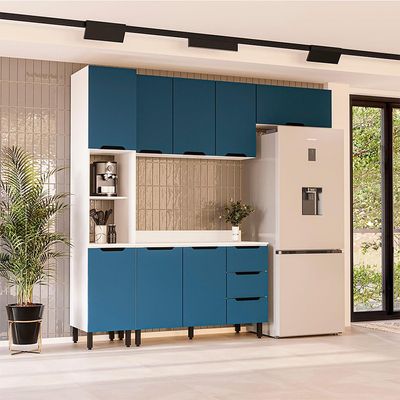 Cozinha Completa com Tampo Meena 8 Portas 3 Gavetas Azul e Branca