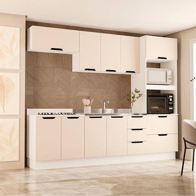 Cozinha Compacta sem Tampo com Rodapé Meena 10 Portas 4 Gavetas Creme e Branca