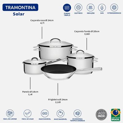 Jogo de Panelas Tramontina Solar em Aço Inox com Fundo Triplo 4 Peças