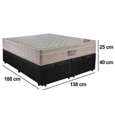 Cama Box Baú Casal Suede Bipartido + Colchão Ortobom Airtech Molas Ensacadas 65x138x188 Preto
