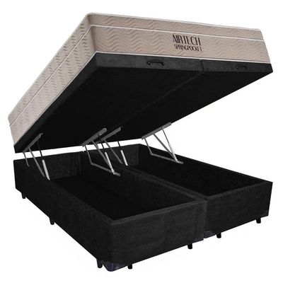 Cama Box Baú Casal Suede Bipartido + Colchão Ortobom Airtech Molas Ensacadas 65x138x188 Preto