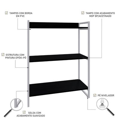 Estante Kuadra 80x40x104cm C/03 Prateleiras Preto ônix / Est.branca Preto ônix / Est.branca