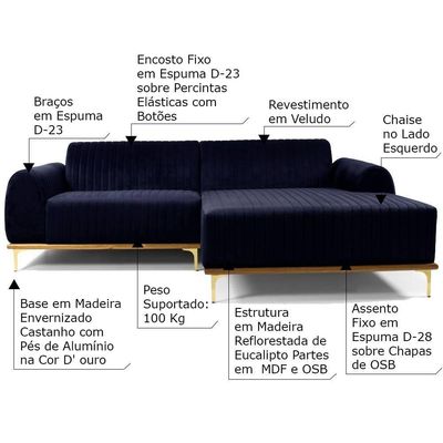Sofá 4 Lugares com Chaise Base de Madeira Euro 255 Cm Azul