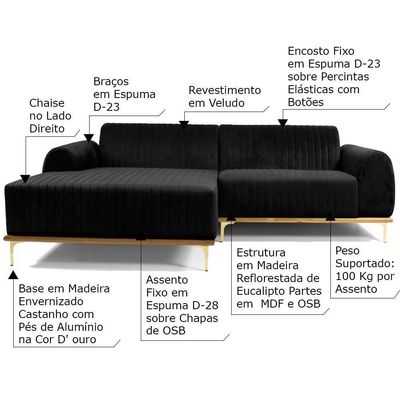Sofá 4 Lugares com Chaise Base de Madeira Euro 265 Cm Preto