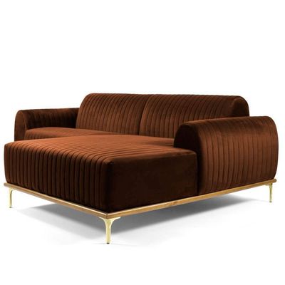 Sofá 3 Lugares com Chaise Base de Madeira Euro Veludo Telha