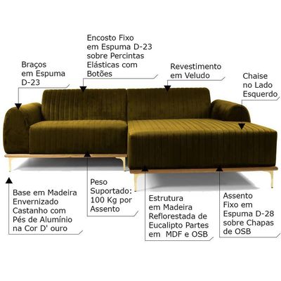 Sofá 4 Lugares com Chaise Base de Madeira 255 Cm Mostarda