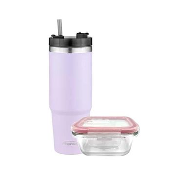 Pote Vidro Hermético Marmita 1l E Copo Com Canudo 900ml Lilás