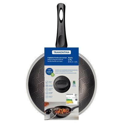 Frigideira Funda Antiaderente Tramontina Paris Alumínio Tampa Vidro 26cm Chumbo Cabo Baquelite