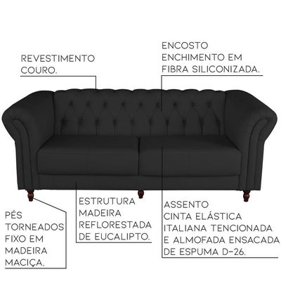 Sofá 2 Lugares 180cm Couro Preto