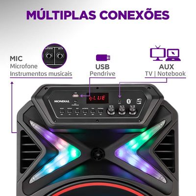 Caixa Amplificada Connect Lights Mondial Preto e Vermelho 700W RMS CM-700 Bivolt