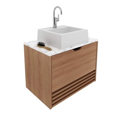 Balcão Gabinete Suspenso 60cm com 1 Porta e 1 Gaveta BN3613 Amêndoa/Mármore Branco SEM CUBA