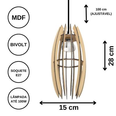 Luminária Teto Tipo Pendente Espinhos Mdf - Completa Cor: Mdf Cru