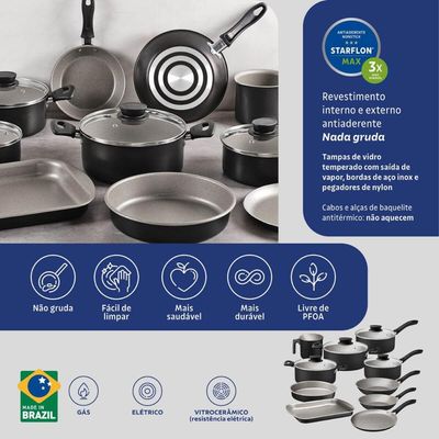 Jogo de Panelas Tramontina Preto 10 Peças em Alumínio Antiaderente Starflon Max Tampa de Vidro