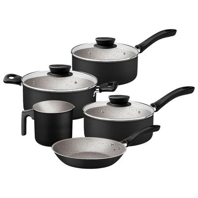 Jogo de Panelas Tramontina Preto 5 Peças Linz Aluminio Antiaderente Starflon Max Tampa de Vidro
