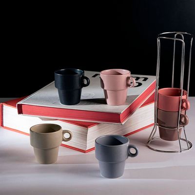 Conjunto 6 Xícaras Cerâmica Café  90ml Coloridas Empilháveis com Suporte Wolff Transparente