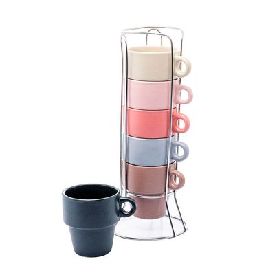 Conjunto 6 Xícaras Cerâmica Café  90ml Coloridas Empilháveis com Suporte Wolff Transparente
