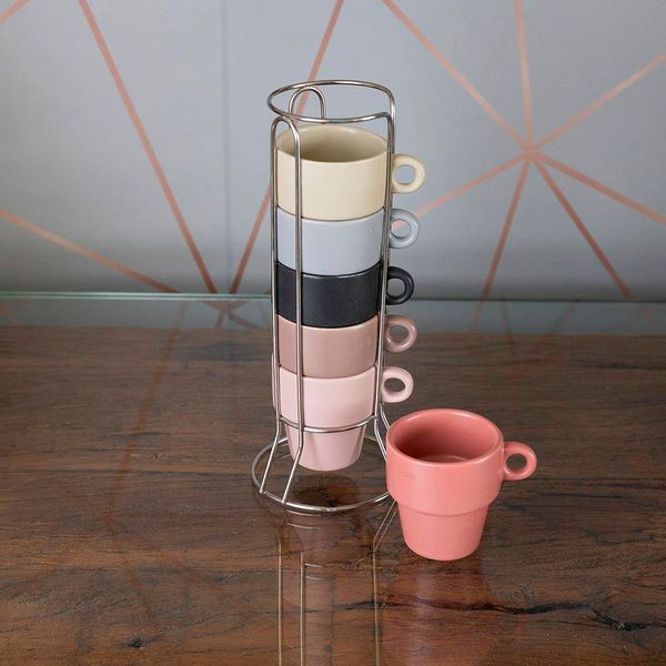 Conjunto 6 Xícaras Cerâmica Café 90ml Coloridas Empilháveis com Suporte Wolff Transparente