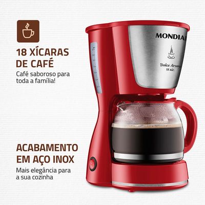 Cafeteira Elétrica 18 Xícaras Mondial Dolce Arome C-35 Vermelha e Prata 127V 220V