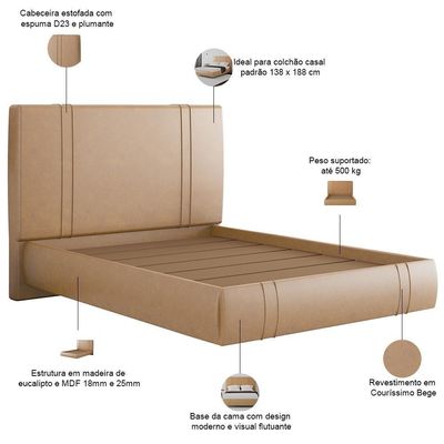 Cama Casal Flutuante Com Cabeceira 140cm Astra S04 Couríssimo Bege - Lyam Decor