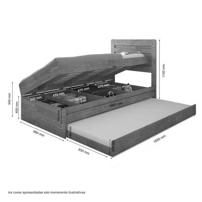 Cama Baú Larissa Solteiro E Off White Com Auxiliar Framar