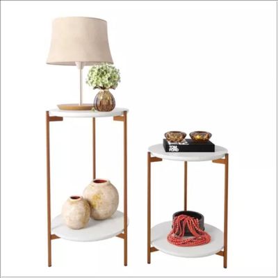 Conjunto Mesa De Centro E Lateral Lunis Branca Com Pés De Ferro Bronze