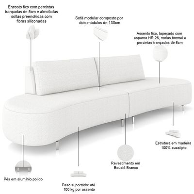 Sofá 4 Lugares Para Sala Living Orgânico Pés Metálicos 260cm Shui P08 Bouclê Branco - Lyam Decor