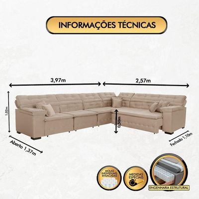 Sofá Magno 3.97x2.57m De Canto, Retrátil E Reclinável Bege