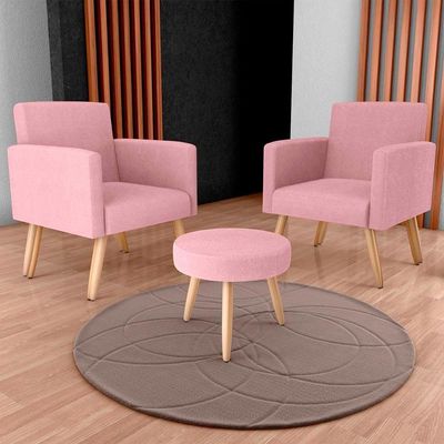 Kit 2 Poltronas Decorativas E Puff Decorativo Pés Palito Dallas Matrix Veludo Turkey Rosa