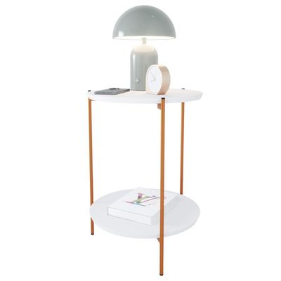 Mesa De Apoio Lateral Nina Branco Com Pés De Ferro Bronze