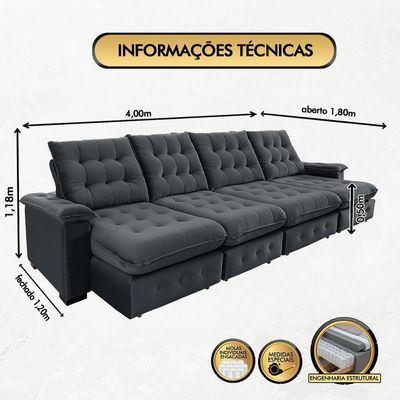 Sofá Coliseu 4.00m Retrátil E Reclinável Super Pillow Chumbo