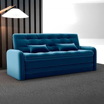 Sofá Cama Reclinável 3 Lugares Casal Com Bicama Auxiliar Madalena Matrix Veludo Azul