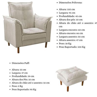 Poltrona De Amamentação Quarto De Bebê Com Puff Melina Suede Bege