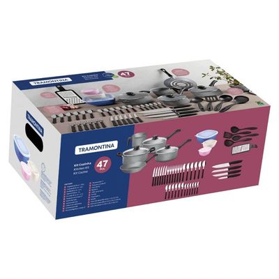 Kit Tramontina 47 pçs para Cozinha com Panelas Antiaderentes Talheres Faca Potes e Utensílios