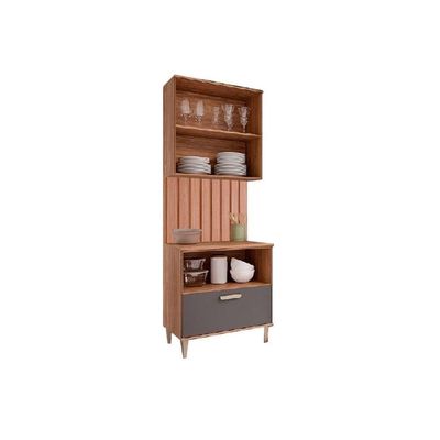 Cozinha Modulada Completa Bella 3 Peças Sem Portas 1 Aéreo + 1 Balcão + 1 Painel Ripado 80cm Freijó