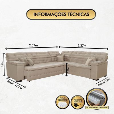 Sofá Magno 2.57x2.37m De Canto, Retrátil E Reclinável Bege