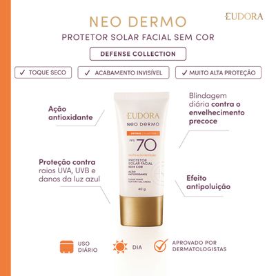 Protetor Solar Facial Eudora Incolor Neo Dermo Defense Collection FPS 70 40g