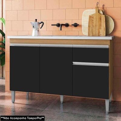 Balcão De Cozinha Para Pia Tatiane 100cm 3 Portas 1 Gaveta Sem Tampo Amêndoa/Preto