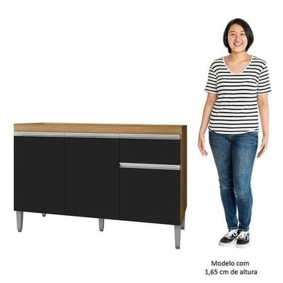 Balcão De Cozinha Para Pia Tatiane 100cm 3 Portas 1 Gaveta Sem Tampo Amêndoa/Preto