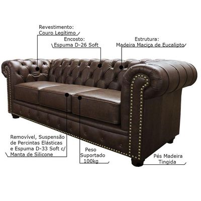 Sofá 3 Lugares Sala De Estar 235cm Chesterfield Pés Madeira