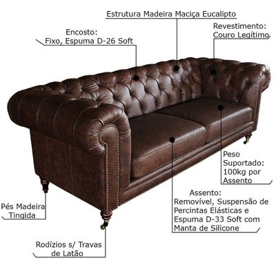 Sofá 3 Lugares Sala De Estar 235cm Chesterfield Duo Couro