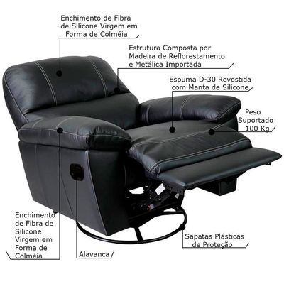 Poltrona Reclinável Giratória Glider Couro Preto